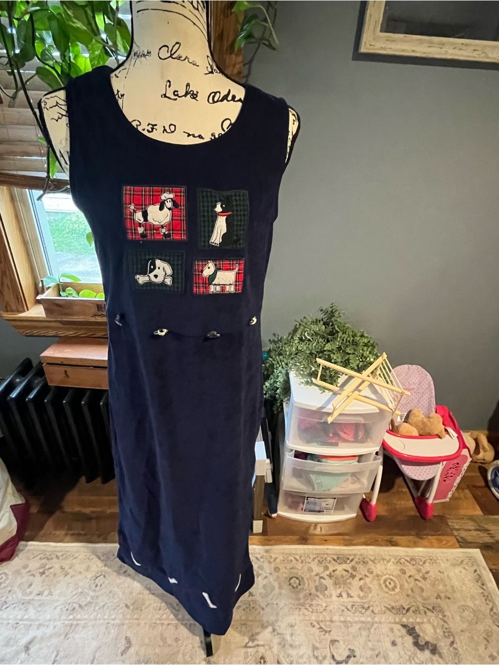 Bobbie Brooks Navy Blue Dog Theme Grannycore Cottage Maxi Dress Patches Sz Small